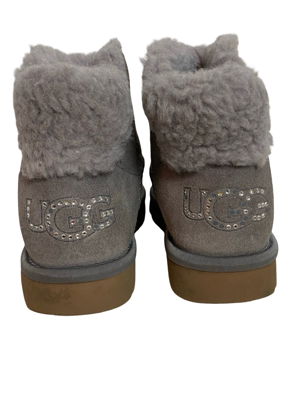 Ugg Boot Bootie Womens Size 6 Suede Shoe Gray Slide On Neutral Rhinestone Logo - Picture 3 of 12